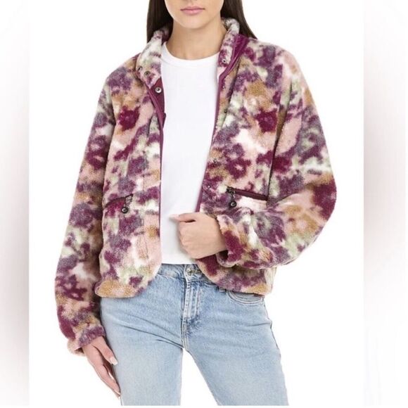 Calme by Johnny Was Purple Floral Printed Fleece Jacket NWT Size Large